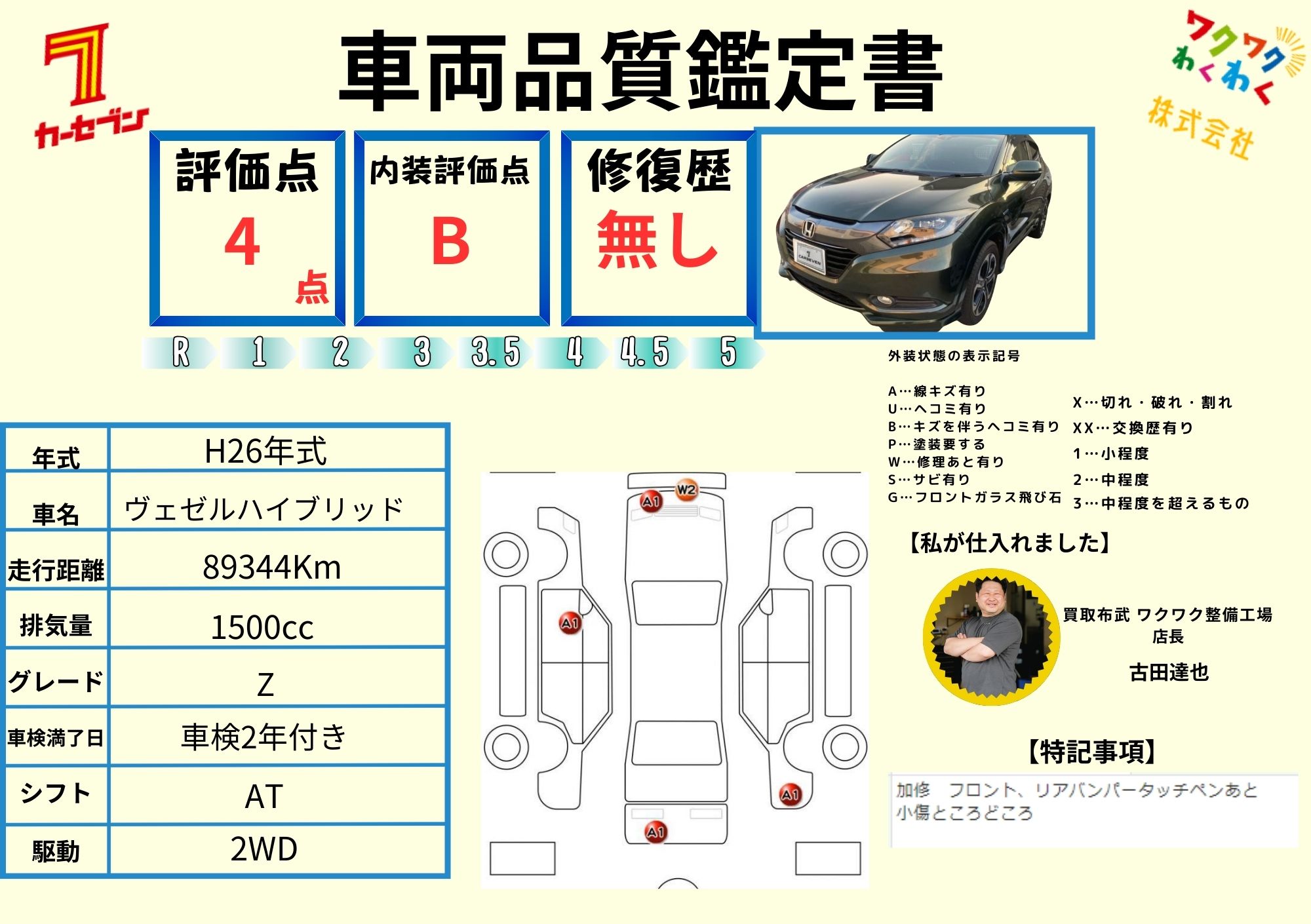 鑑定書1（評価4.5点／修復歴なし）
