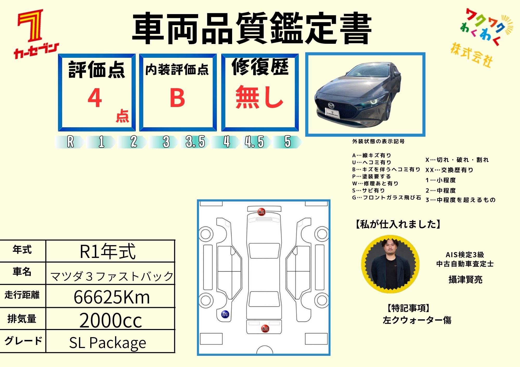 評価4点 修復歴なし 評価書